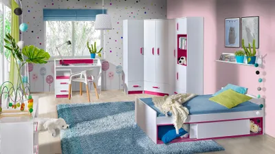 Produktbild von Jugendzimmer Kinderzimmer Komplett - Set B Frank, 8-teilig, Farbe: Weiß / Rosa