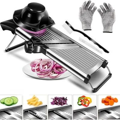 Image de Coupe-légumes multifonctionnel, en acier, mandoline 5 en 1, coupe-légumes, râpe à légumes, coupe-concombres, couteau à oignons, couteau de cuisine, réglable, en acier avec lame tranchante