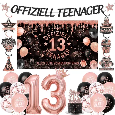 Produktbild von Geburtstagsdeko Set 13. Geburtstag Teenager Junge Mädchen Schwarz Rosegold