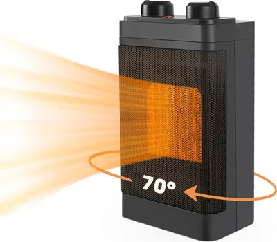 A black electric heater is shown with an orange graphic indicating heat waves emanating from it and a 70-degree oscillation arc.