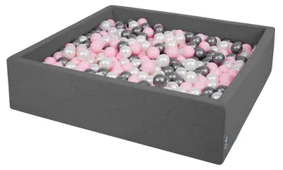 Zdjęcie produktu dla KiddyMoon suchy basen kwadratowy z piłeczkami 7cm 120x30 ciemnoszary: perła-pudrowy róż-srebrny 120x30/200piłek zabawka basen piankowy