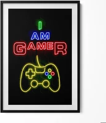 Produktbild von Neonschild für Gamer „Ich bin Gamer“– Wandbild mit Rahmen – Gerahmtes Bild  – Wanddekoration – 70x100 cm –  Schwarz Rahmen