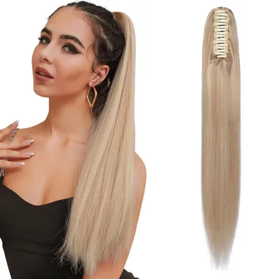 Productafbeelding van Haarverlenging voor paardenstaart, echt haar, 35 cm, asblond/blond. Paardenstaart met clip, glad, 105 gram