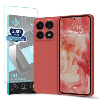 Produktbild von Hülle für Xiaomi 14T mit 9H Displayglas Displayschutz Case Cover Bumper Smartphone Softgrip Schutzhülle Farbe: Rot