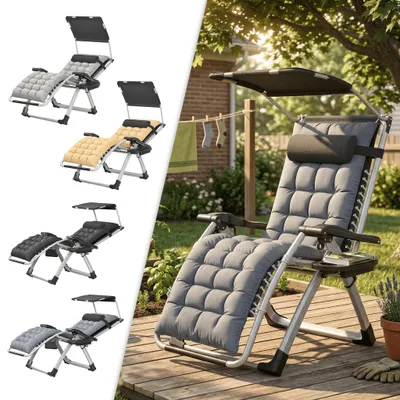 Image de YRHome Relax : chaise longue de jardin avec pare-soleil, pour le jardin, la terrasse ou le camping, rembourrée, pliable, réglable, avec coussin, porte-boissons et poche latérale, beige