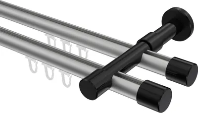 Produktbild von Interdeco Innenlaufstange / Gardinenstange mit Innenlauf Silbergrau / Schwarz, Typ Prestige Santo (Kappe), 20 mm Ø 2-läufig, 180 cm