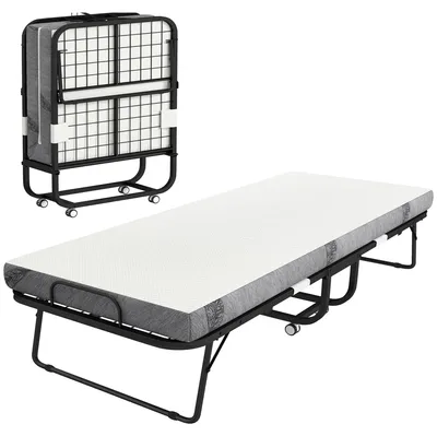 Zdjęcie produktu dla Składane łóżko gościnne z materacem | Kolor: biały + czarny | Wymiary: 90x200x42,5 cm