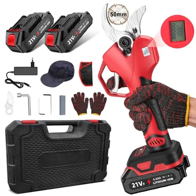 Produktbild von Elektrische Astschere - Akku Gartenschere - 1000 W - 50 mm Schnittstärke - Bürstenloser Motor - 2 Akkus - Kunststoffkoffer