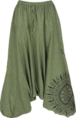 Produktbild von Haremshose Pluderhose, Pumphose mit Mandala, Aladinhose aus Baumwolle - Olivgrün, Damen, Hosen