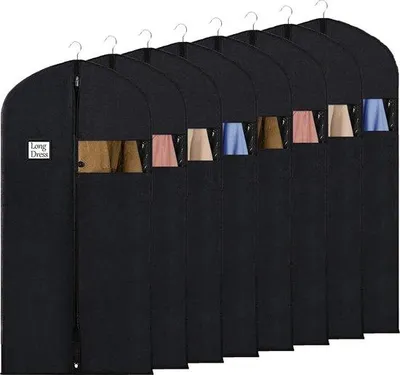 Obrázek produktu pro Sada 8 kusů obalů na oblečení Unyqoos® – prodyšné obaly na oblečení o rozměrech 60 × 152 cm, vyrobené z kyselinově neutrální netkané textilie, s průhledným okénkem a držákem na identifikační štítek, vhodné pro dlouhé šaty a kabáty
