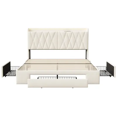 Obrázek produktu pro Manželská postel 140 x 200 cm s LED čelem a USB připojením, se zásuvkami, moderní styl, béžová barva