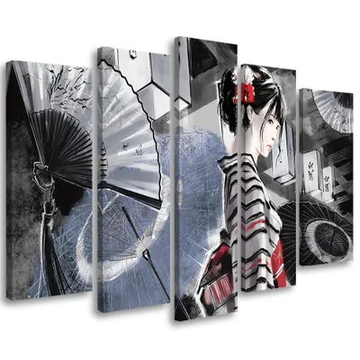 Produktbild von 5-teiliges leinwandbild geisha mit fächer 200x100 cm Feeby grau wandbild bereit zum aufhängen