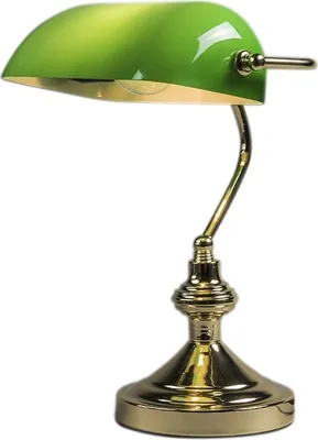 A close-up studio shot of a retro-style desk lamp with a green glass shade and a brass base.