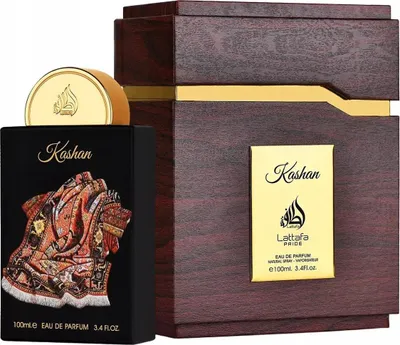 A perfume bottle and its wooden presentation box are shown.