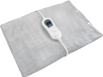 A gray heating pad with a white controller is shown on a white background.