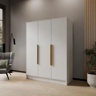 Produktbild von Drehtürenschrank PAVIA 150 cm Moderner Kleiderschrank mit glatten Türen, Weiß mit goldene Griffe