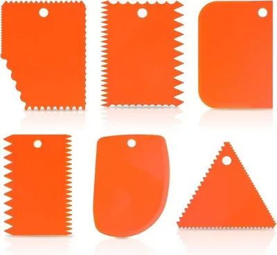 Productafbeelding van 6-delige set deegschrapers - Deegkrabber - Taartschraper - Deegsteker - Fondant-schraper - Gladmakker - Schraper voor cakebeslag - Fondant-schraper voor taart/glazuur/cake - Keukengereedschap voor het snijden van deeg - Spatel voor taart - Gladmakker - Kunststof - Oranje