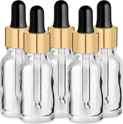 Produktbild von x5 Glasflasche klar 15 ml mit goldener Aluminiumpipette Tropfflasche