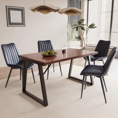 Produktbild von HOMAVO Esszimmer-Set – 1 Tisch 140×80 cm + 4 Stühle, Metall & MDF, Stabil und Robust, Stühle mit Samt- oder Kunstlederbezug, Elegant & Langlebig
