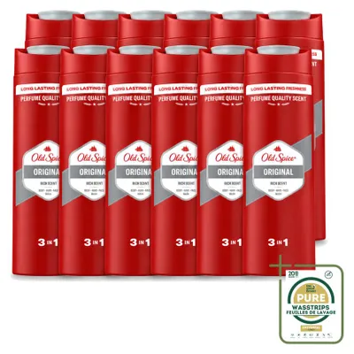 Imagen del producto de 12 unidades de gel de ducha 3 en 1 Old Spice Original, 400 ml cada uno. Paquete de suministro