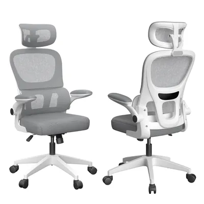Two views of an ergonomic office chair against a white background.