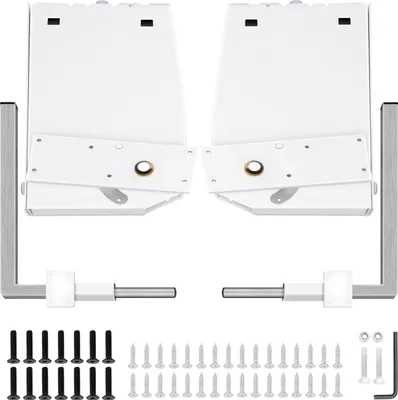 A set of hardware components for a DIY Murphy bed mechanism, including brackets, rods, and screws, laid out on a white background.