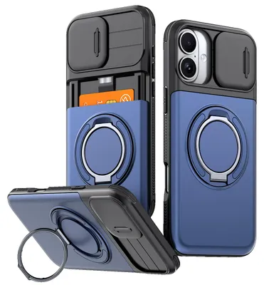 Obrázek produktu pro Pouzdro pro iPhone 16, Přihrádkou na karty, posuvným krytem fotoaparátu, kroužkovým stojánkem Modrá