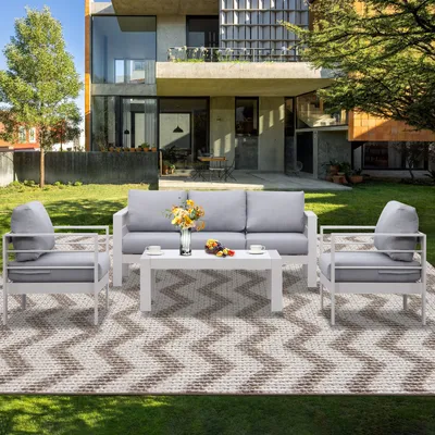Produktbild von MeXo Gartenmöbelset, Loungeset Aluminium für 4-5 Personen mit Kissen und Couchtisch Indoor Outdoor Balkon weiß (Sitzgruppe, Aluminiumrahmen)