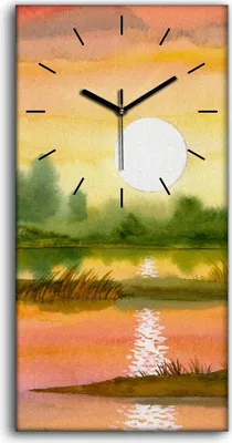 Produktbild von Wandbild Leinwand Bilder mit Uhr Kunstdruck 30x60 Gemälde Aquarelle Baum Sonne - schwarze Hände