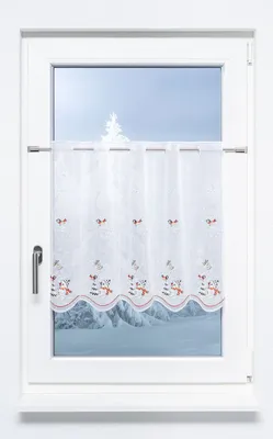Produktbild von Scheibengardine Plauener Spitze - Schneemann mit Vöglein  (Bx H) 64cm * 55cm rot/rot-silber