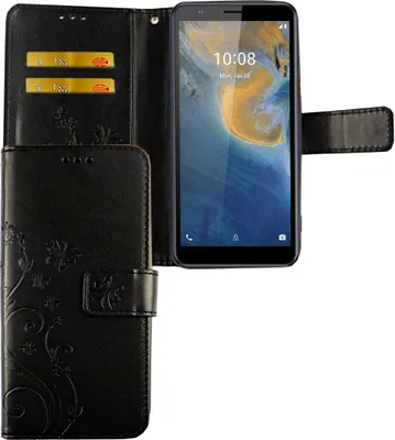Zdjęcie produktu dla Etui na telefon komórkowy ZTE Blade A31 z klapką i kieszenią na kartę, kolor: czarny w kwiaty