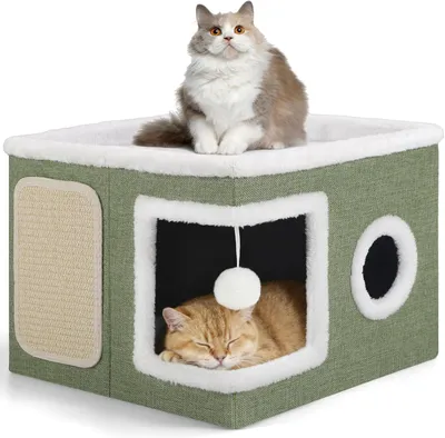 Image de Maison pour chats à deux niveaux, grande maison pour chats avec griffoir, 2 coussins moelleux, pliable, pour chats et chatons