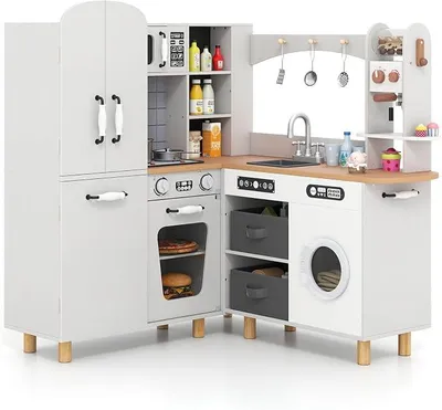 Imagen del producto de Cocina infantil de esquina, que incluye 12 accesorios y cestas de tela. Cocina de madera con nevera de doble puerta, cafetera y lavadora. Cocina de juguete con luces y sonido, apta para niños a partir de 3 años (blanca)