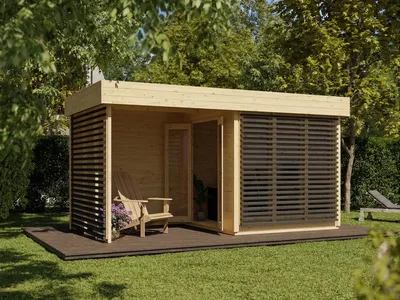 Produktbild von Gartenhaus Homeoffice Ivar 28 mm naturbelassen mit 264 cm Anbau