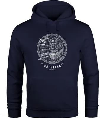Produktbild von Hoodie Herren Valhalla Odin Emblem Print Kapuzen-Pullover Männer Vikings Wikinger Neverless® navy L