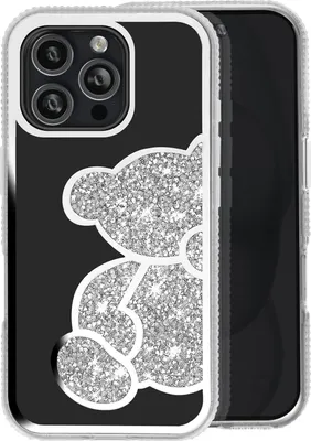 Image de Avizar, Apple iPhone 16 Pro Étui à paillettes avec motif ours et strass, argenté