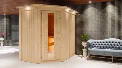 Produktbild von Karibu Sauna Innensauna Carin Eckeinstieg Ofen 9 kW integr. Strg 196x151x198 cm ohne Dachkranz mit Energiespartür