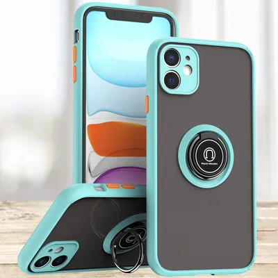 Three iPhone 12 cases with ring holders are displayed on a wooden surface.