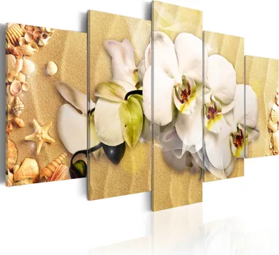 Zdjęcie produktu dla Obraz na płótnie kwiaty 200x100 cm włóknina obraz na płótnie 5 sztuk art print nowoczesna grafika ścienna XXL dekoracja ścienna design obraz na ścianę - orchidea plaża muszle abstrakcja spa 030110-18