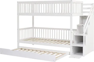 Produktbild von Etagenbett mit Rollbett, Kinderbett mit Leiterschrank und Handlauf, mit Fallschutzgitter an allen Seiten, Kiefer+MDF, Weiß, 90x200/190cm