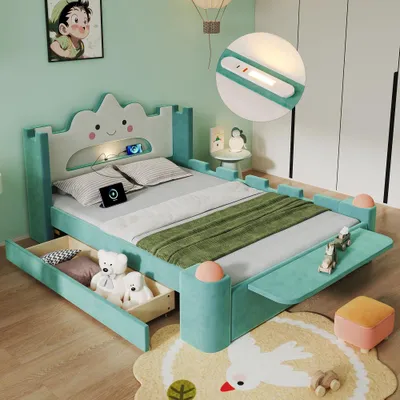 Produktbild von Kinder-Samtbett in Blaugrün mit LED-Leselampe & USB, Stauraum-Schublade, Hocker & Fallschutz, Wolken-Design, 140x200 cm Einzelbett