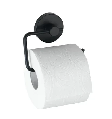 A black toilet paper holder with a roll of toilet paper attached, shown against a white background.