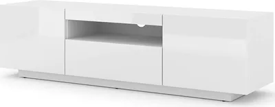A white, modern TV stand or lowboard is shown against a white background.