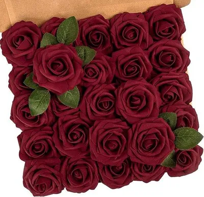 Image de Unyqoos® : 25 roses artificielles, couleur rouge foncé – en mousse de latex, tête de rose de 8 cm de diamètre, tige d'environ 18 cm, tige en fil flexible pour les travaux manuels, les mariages et la décoration