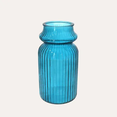 Produktbild von KEYHOMESTORE | Niedrige gestreifte türkisfarbene Vase aus recyceltem Glas, H. 29 cm