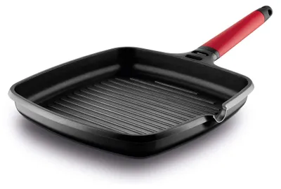 Induktionsgrillpfanne 22x22 cm, Aluminium, abnehmbarer Griff, rot