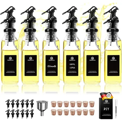 Image de Bouteilles d'huile et de vinaigre - Lot de 12 x 160 ml - Verre borosilicaté - Avec bec verseur - Rechargeables et faciles à transporter - Rectangulaires - Transparentes