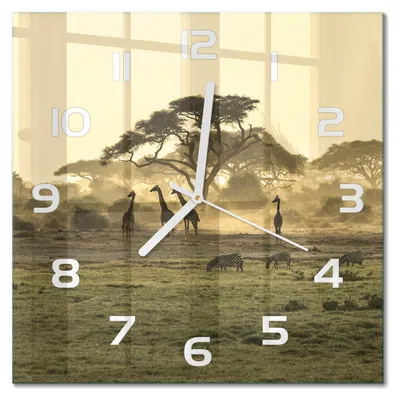 Produktbild von Glas Wanduhr 30x30 cm - Wanduhr - lautlose Wanduhr - ohne Ticken - geräuschloses Uhrwerk - schleichende Zeiger - moderne Uhr - Design Uhr - Wohnzimmer Uhr - Giraffen in der Savanne