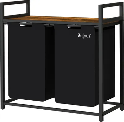 A laundry hamper with two compartments and a wooden top shelf.