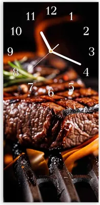 Produktbild von Wanduhr aus Glas mit Motiv Gegrillte Steaks- 30 x 60 cm - inkl. Aufhängesystem